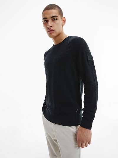 Calvin Klein Ruhák HU003010 | Calvin Klein Cotton Slub Textured Férfi Pulóver Fekete